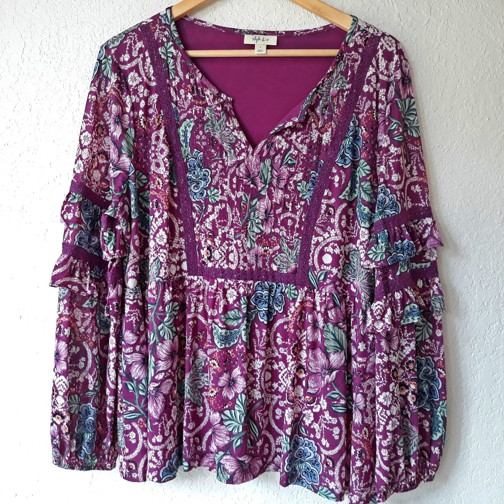 Style & co  Berry Floral Boho Long Sleeved Tunic